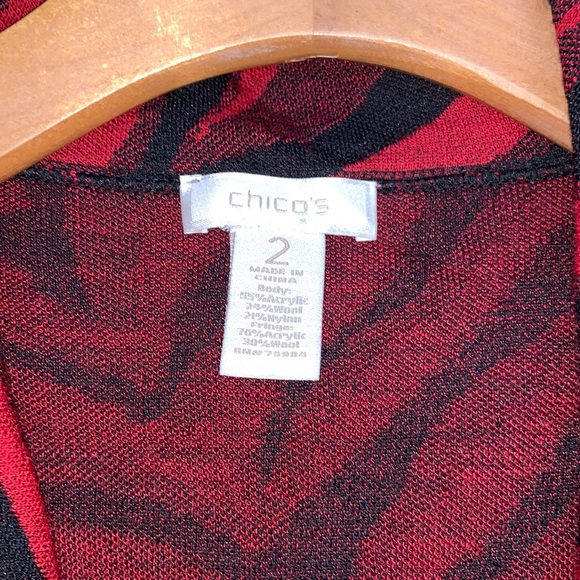 CHICOS Red Black Zebra Pattern Fringe Open Cardi - Picture 3 of 6